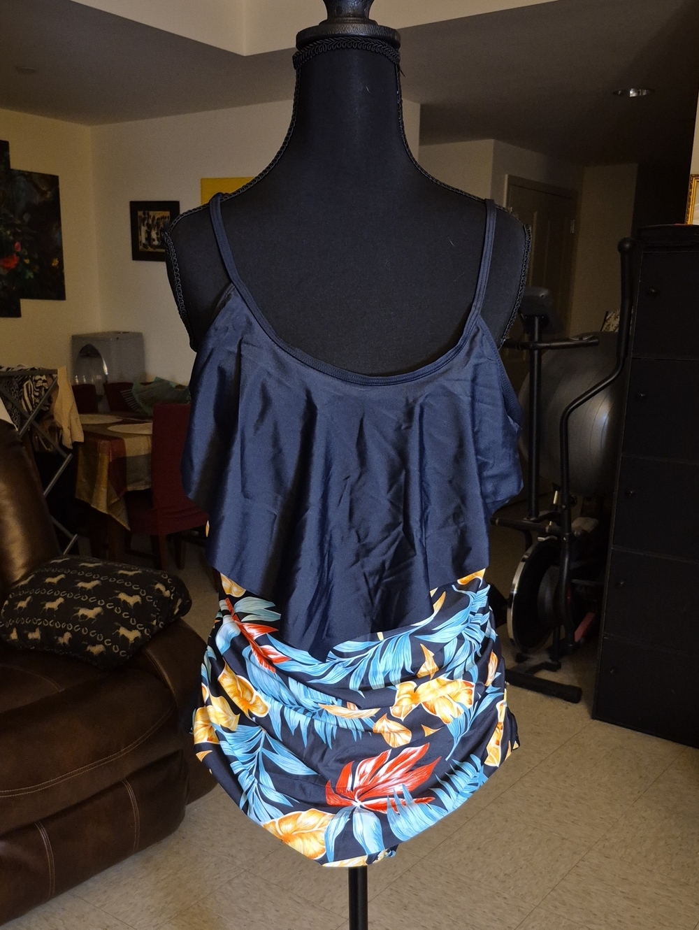 Navy Floral Ruffle And Ruched Swimsuit